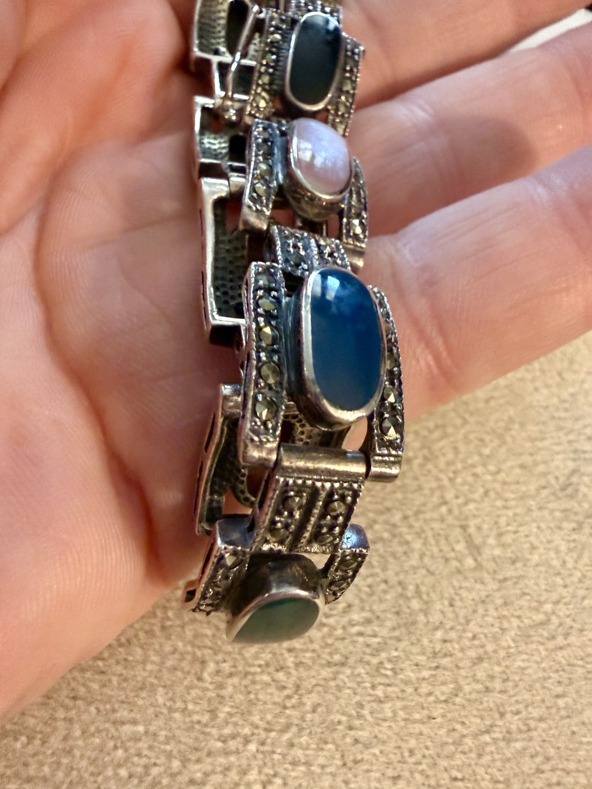 925 Sterling Silver Multi Gemstone Marcasite Art Deco Style Link Bracelet 7.5”