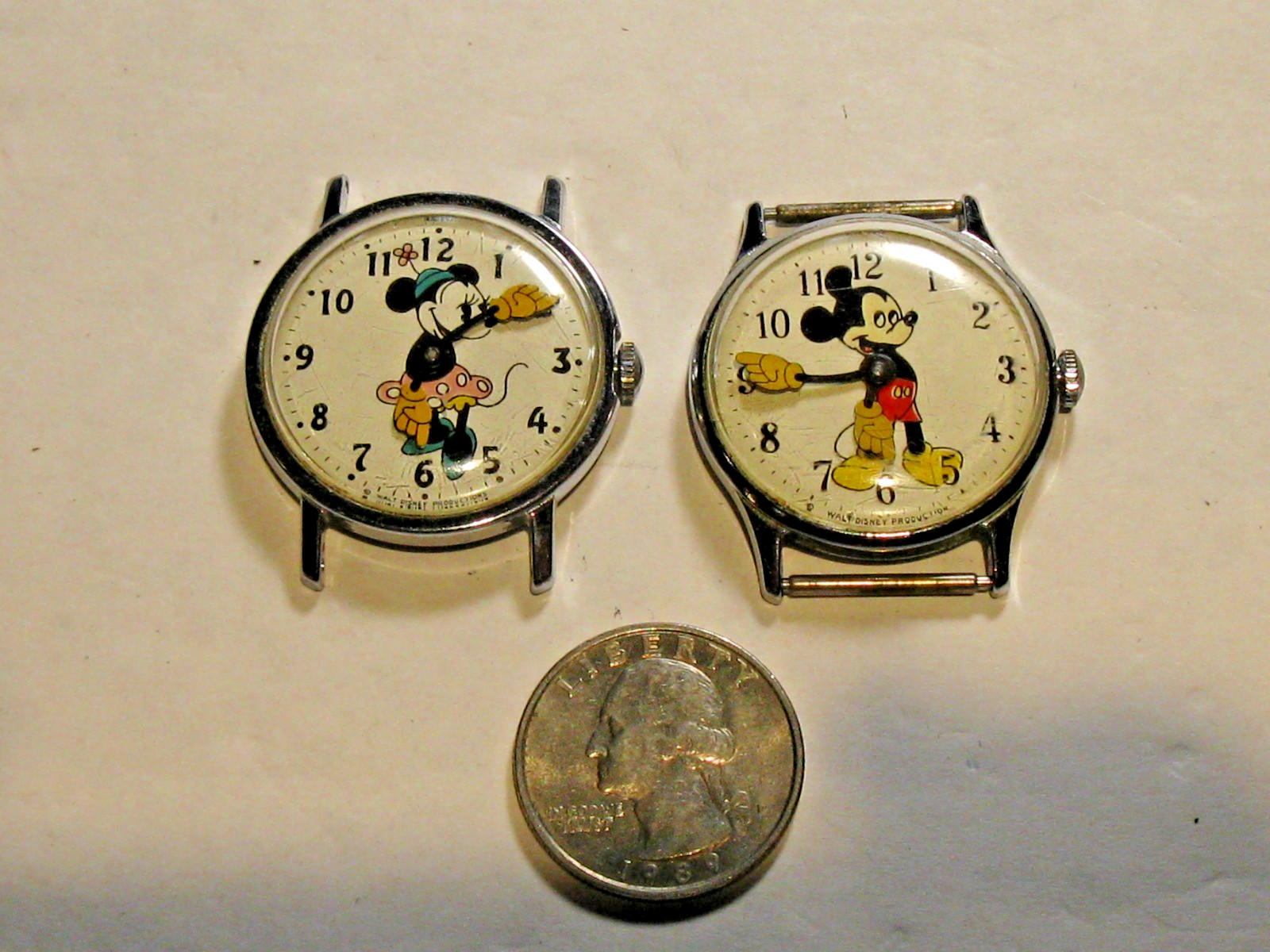 Vintage 1969 Walt Disney Prod Mickey & Minnie Mouse Watches for repair / parts