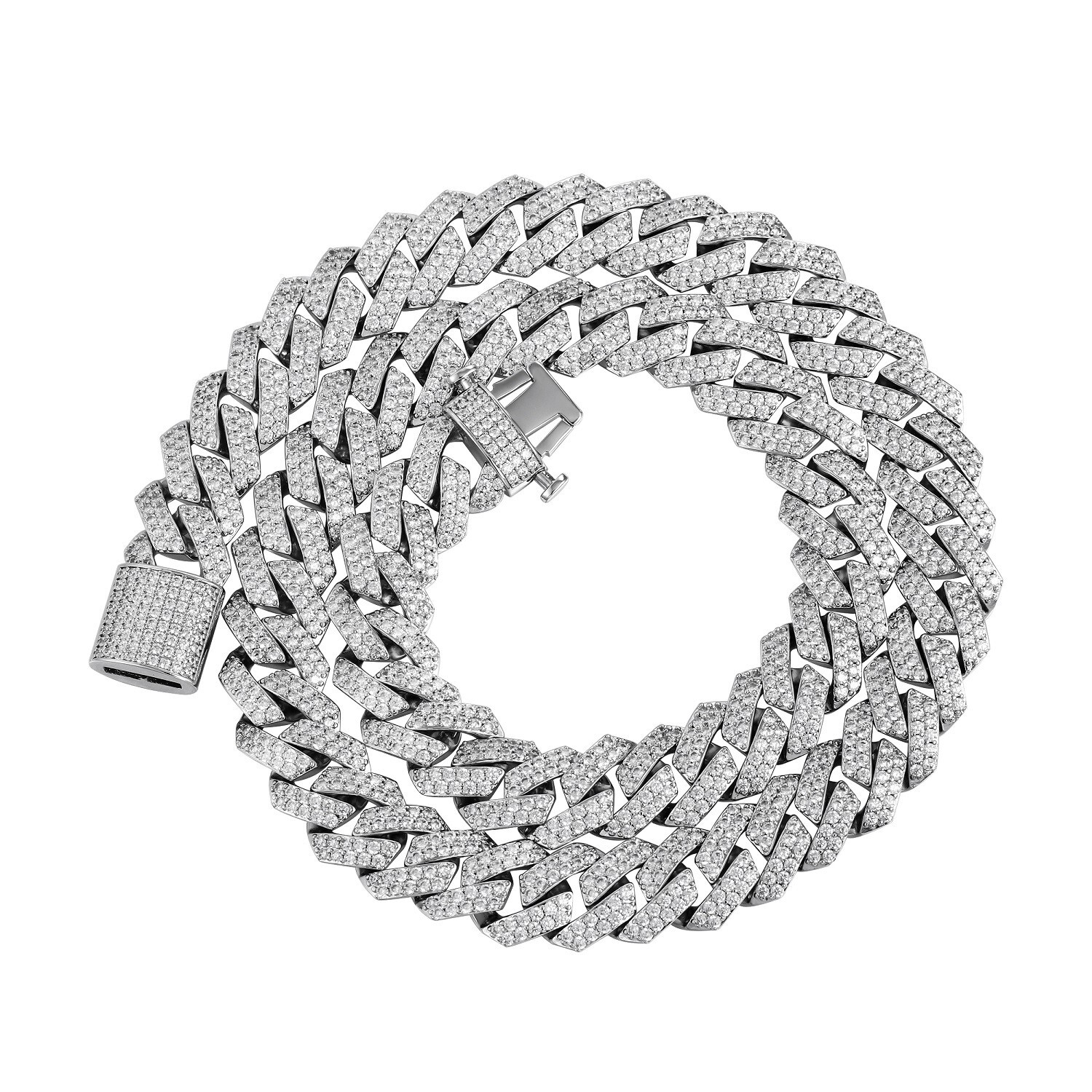 15mm White Gold Plated Ice Out Stainless Steel Miami Cuban Link Bracelet Chain