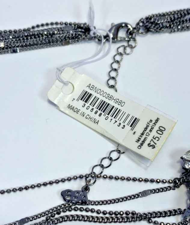 ABS by Allen Schwartz Crystal Hematite Tone Tassel Necklace, 17″ + 3″ ext, New