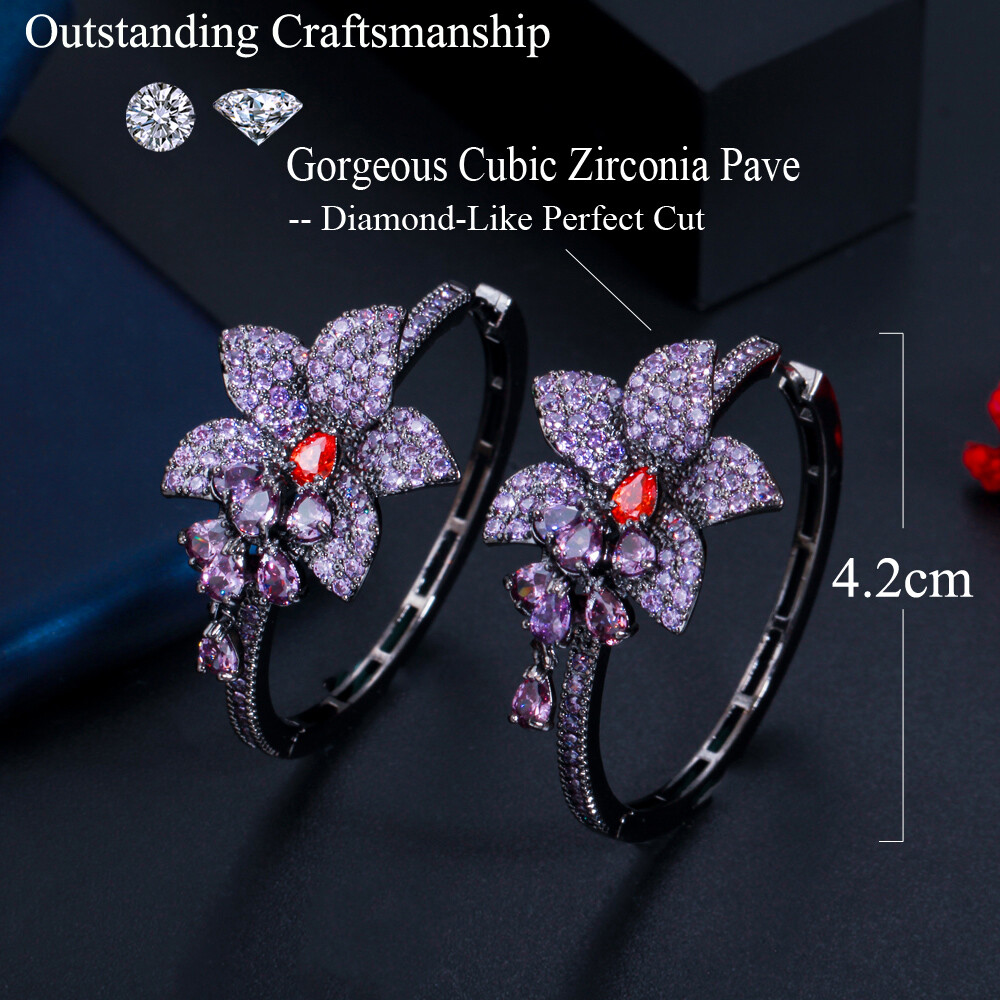 Black Gold Plated Purple CZ Large Round Dangle Drop Tassel Flower Hoop Earrings