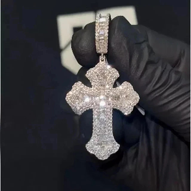 3Ct Round & Baguette Cut Moissanite Men’s Cross Pendant White Gold Plated Silver