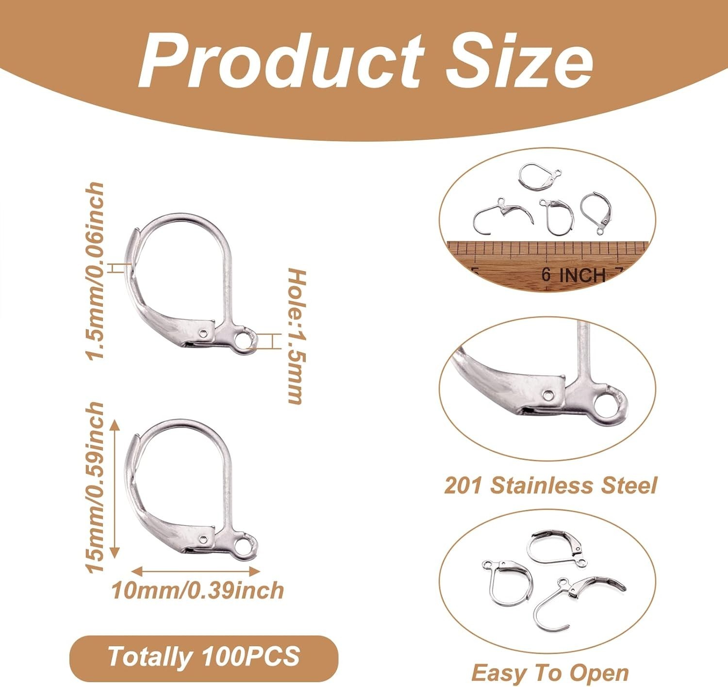 100pcs Stainless Steel Lever Back Hoop Earrings Surgical Earring Components f…