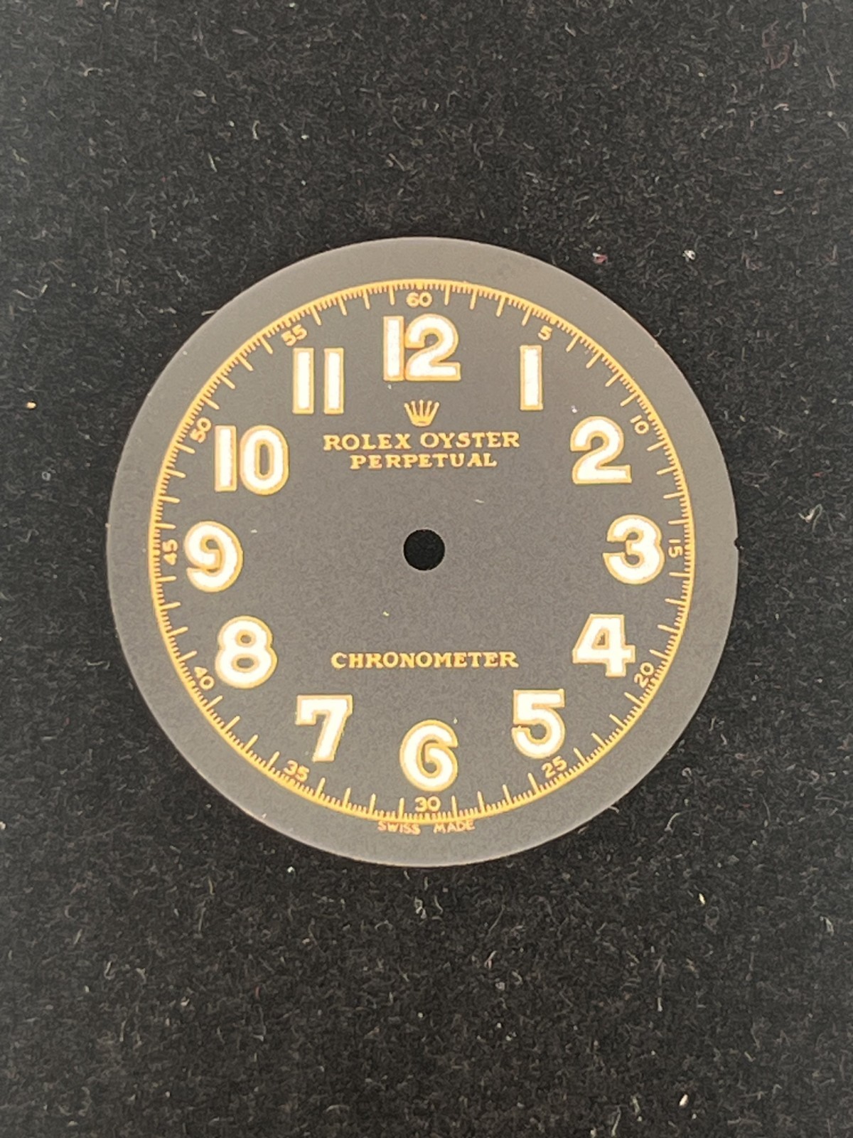Rolex Round Black Dial w/ White Indexes and Gold Minute Markings. 23mm