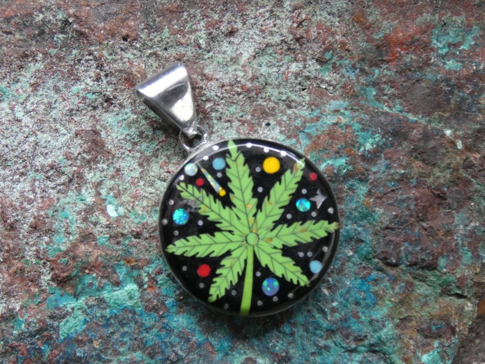 Marijuana Leaf 420 Gemstone Opal Aluminum Sterling Silver Alloy Pendant AS95