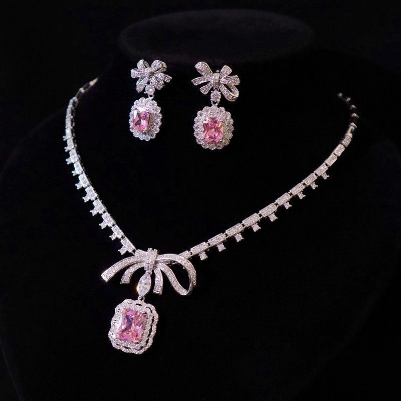 Silver vintage Tone Pink Diamond Jewelry Set Necklace Drop Earrings for Women