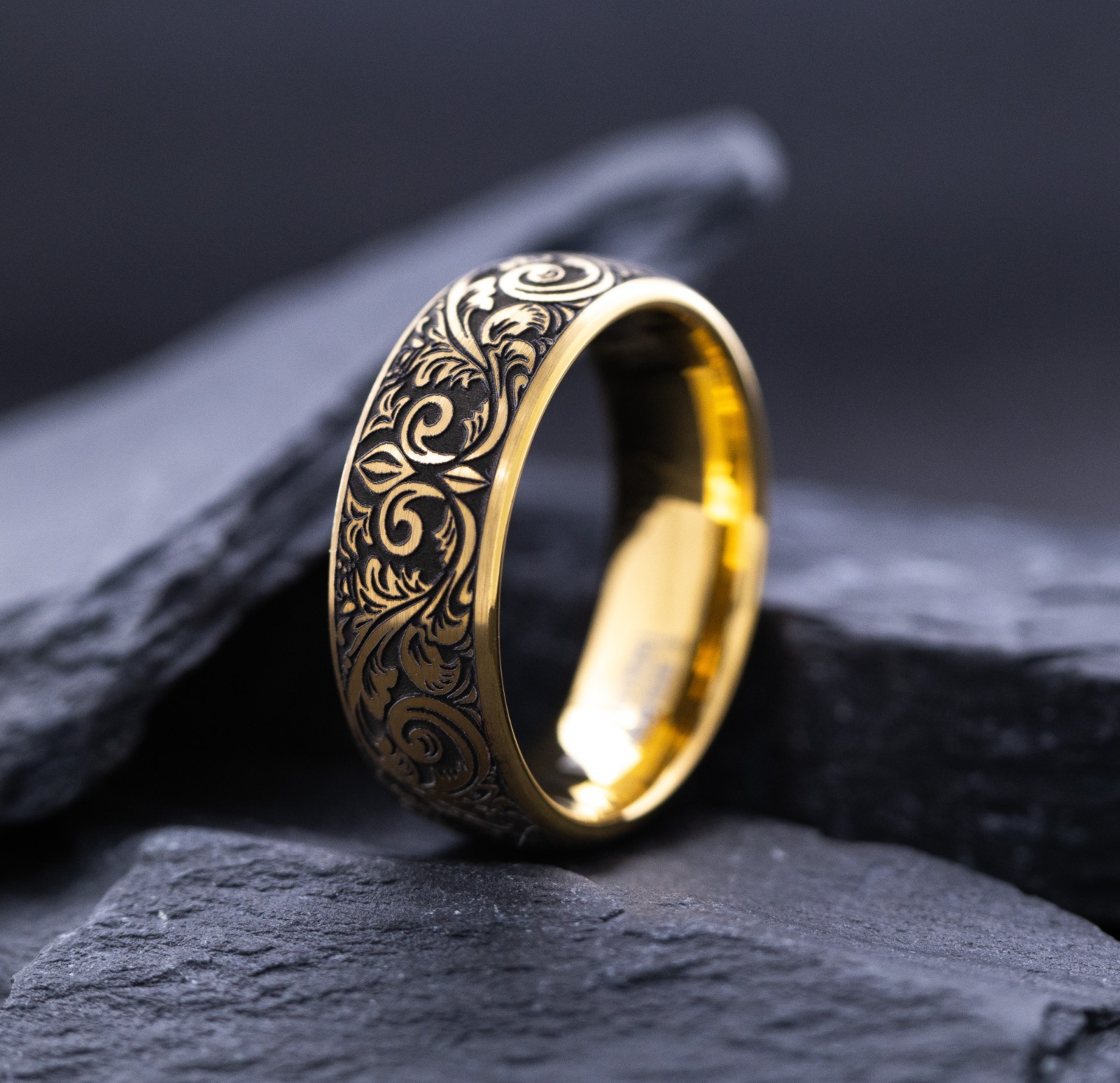 Fleur De Lis Deep Engraved Gold Plated Tungsten Ring with Victorian Engravings