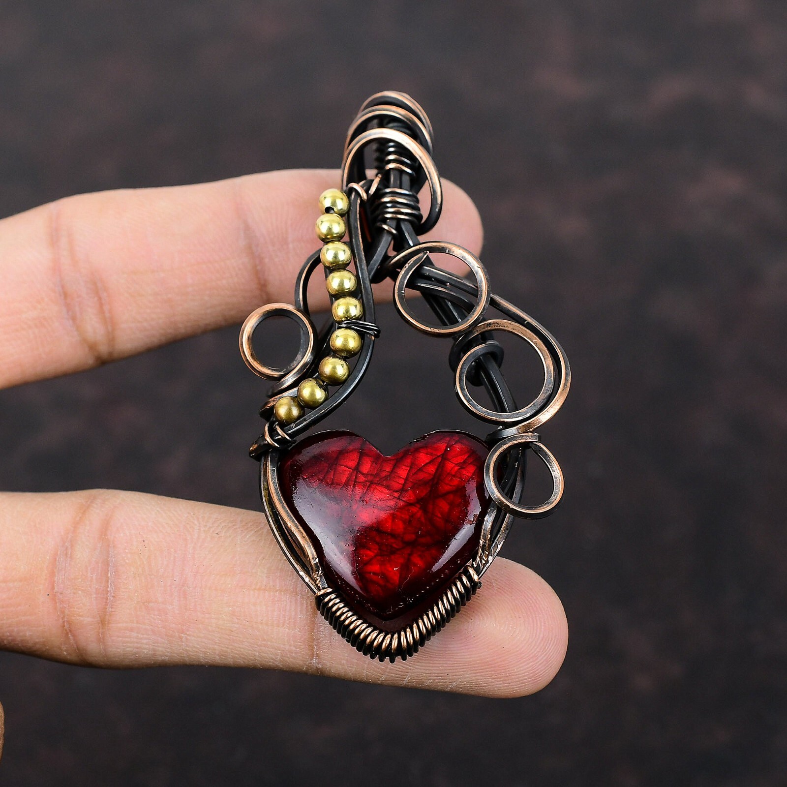 Red Fire Labradorite Copper Gift For Love Wire Wrapped Pendant 2.95″