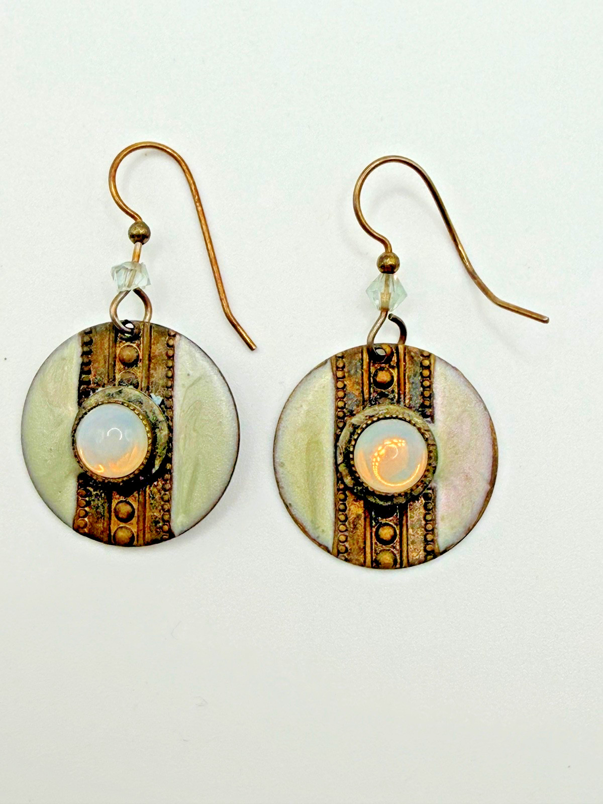 ARTISAN MIXED METALS EARRINGS ROUND IVORY PATTERNED DISC CENTRAL MOONSTONE