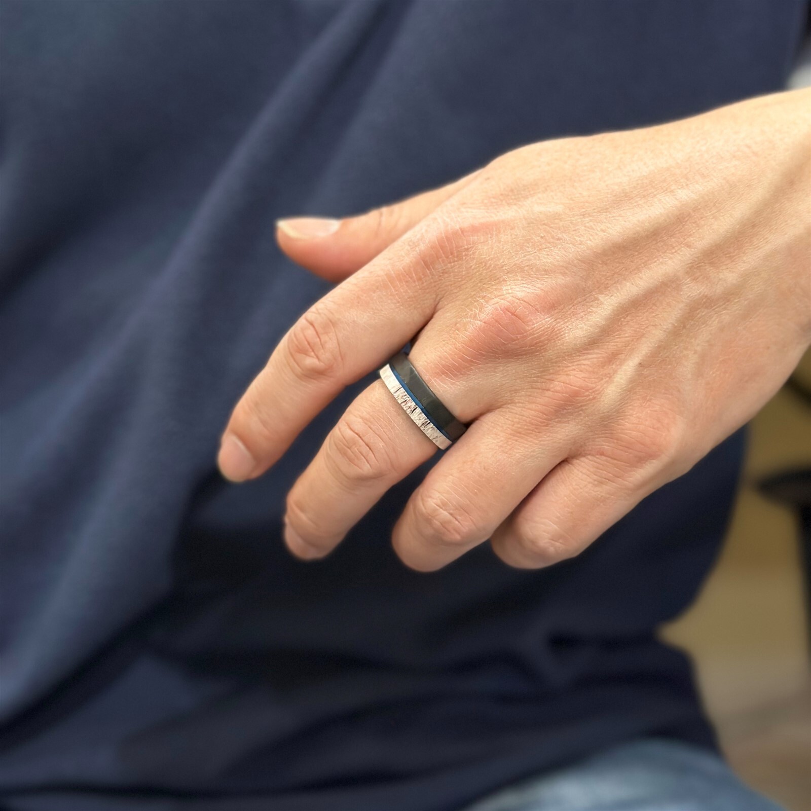 Black Tungsten Carbide Men’s Ring Deer Antler w/ Blue Stripe Wedding Band