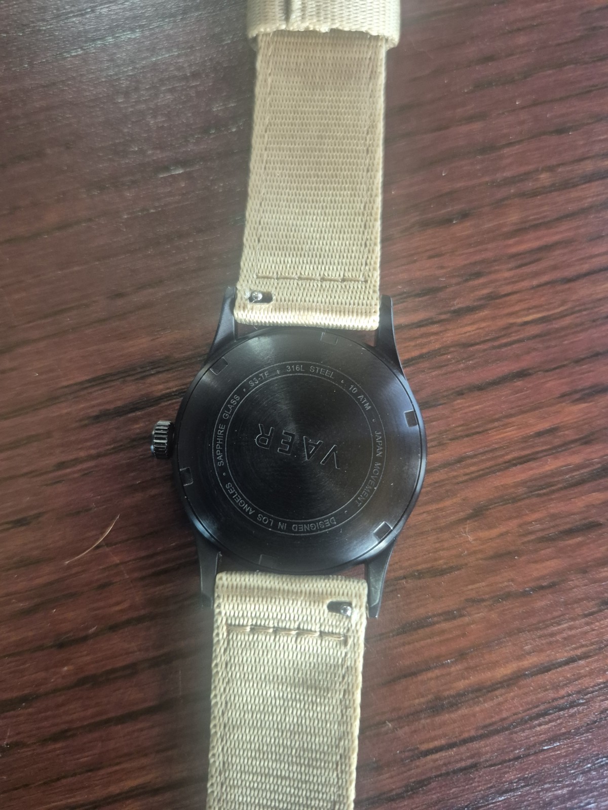 VAER S3 36mm Quartz Field Watch Black Dial Date Sapphire 100m Beige Nylon