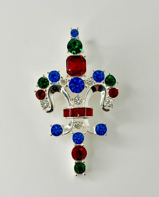 Trifari fleur-de-lis red, blue, and greenstone with sliver tone brooch/pendant