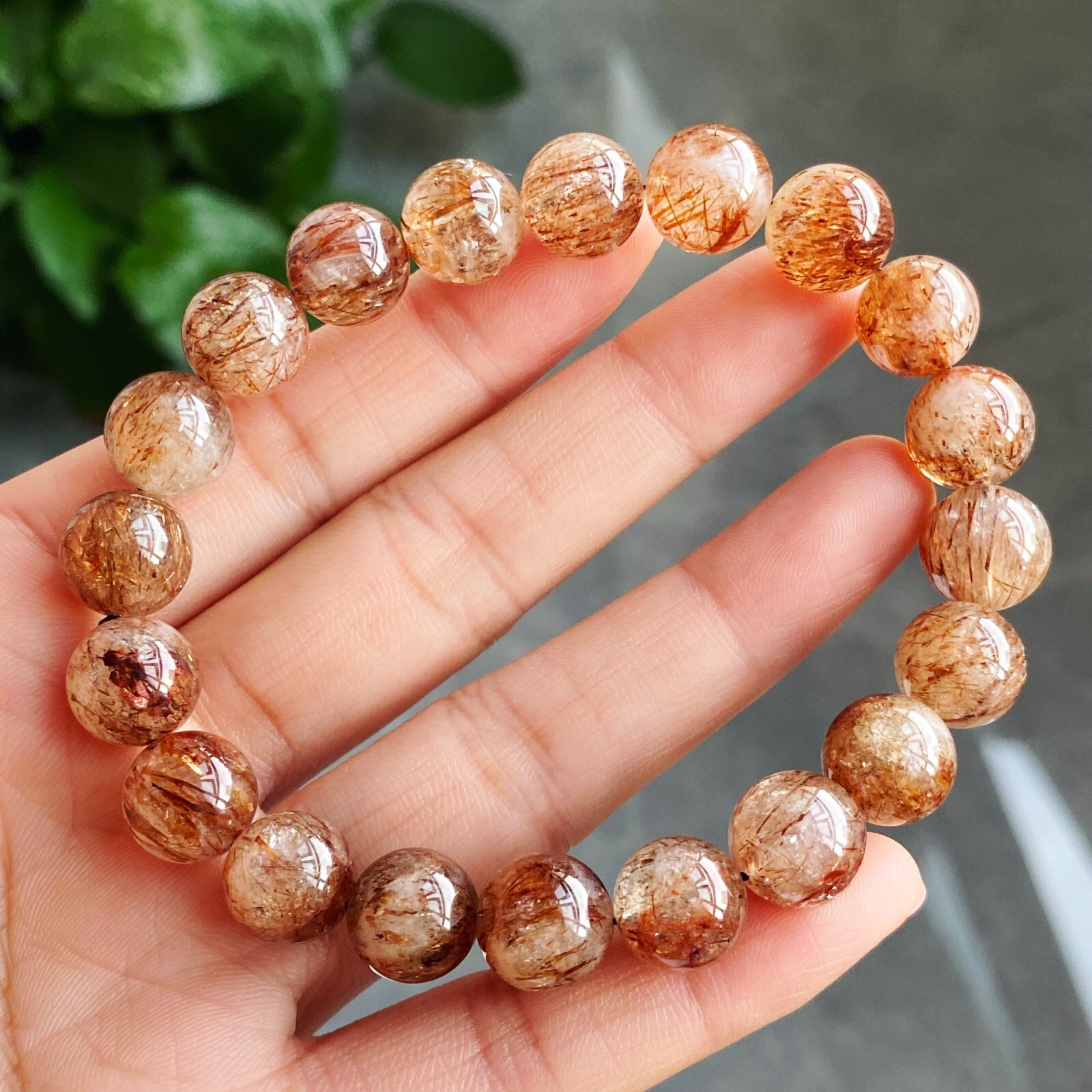 10.5mm Natural Red Copper Quartz Crystal Beads Bracelet 7.9 inch B850