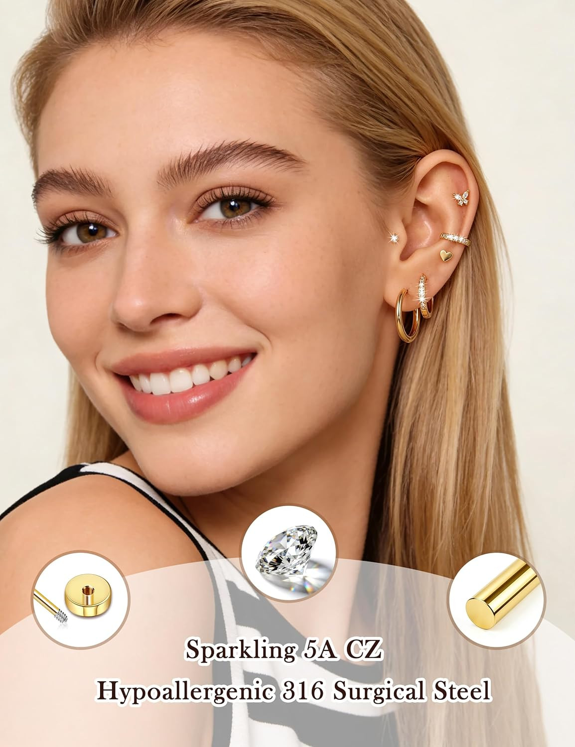 15 Pairs Hypoallergenic Flat Back Cartilage Earrings for Women, Stainless Steel