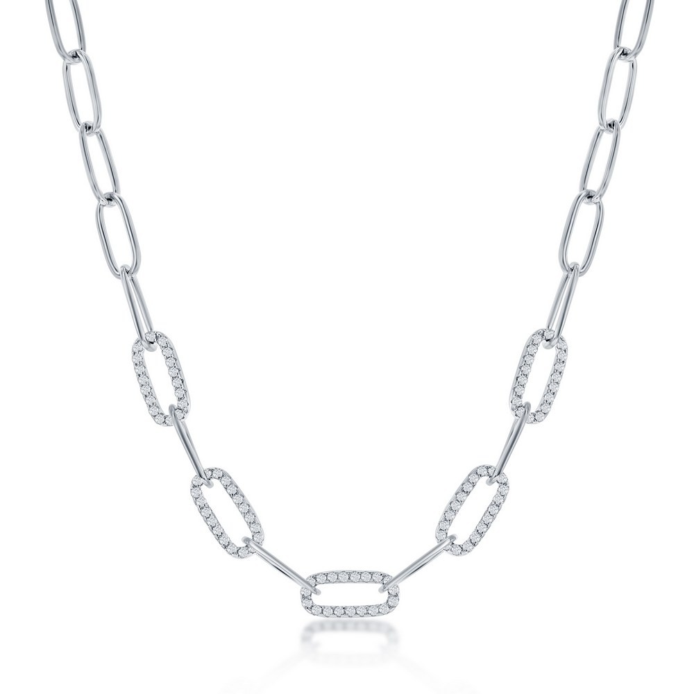Sterling Silver Sparkling 5mm CZ Paperclip Necklace Rhodium Plated