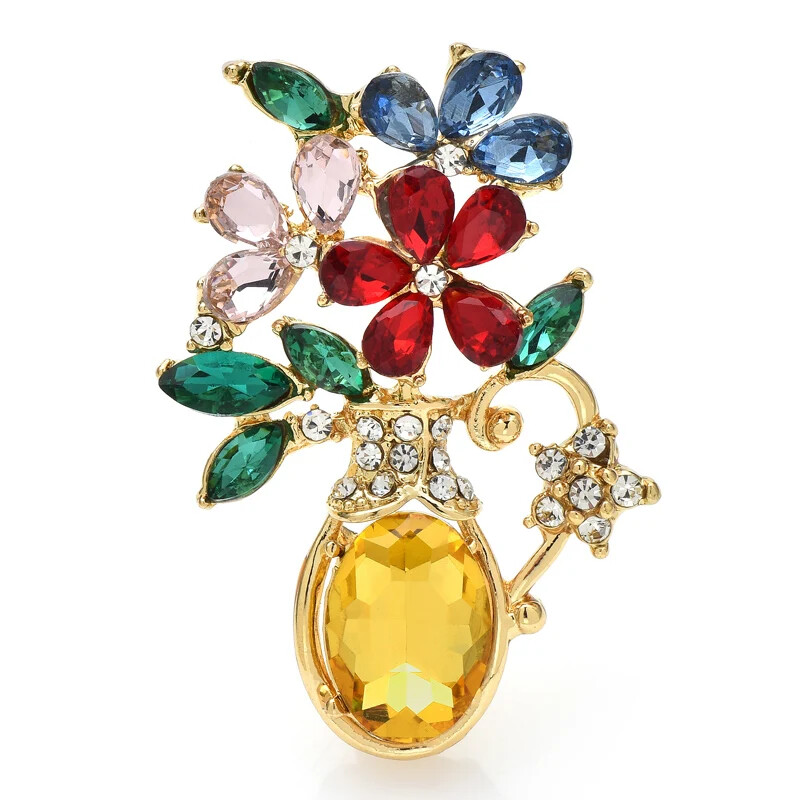 Flowers In Vase Brooch Fashion Rhinestone Floral Basket Pin Women Jewelry Gift