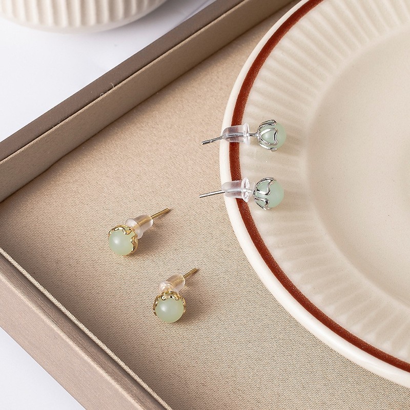 Hetian Jade Stud Earrings | S999 Sterling Silver Posts Dainty Luck Jewelry Gifts