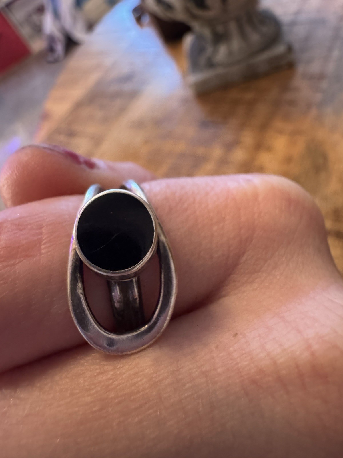 Silver handmade Wrap unique Ring Size 8 Round Black Onyx Bezel Set