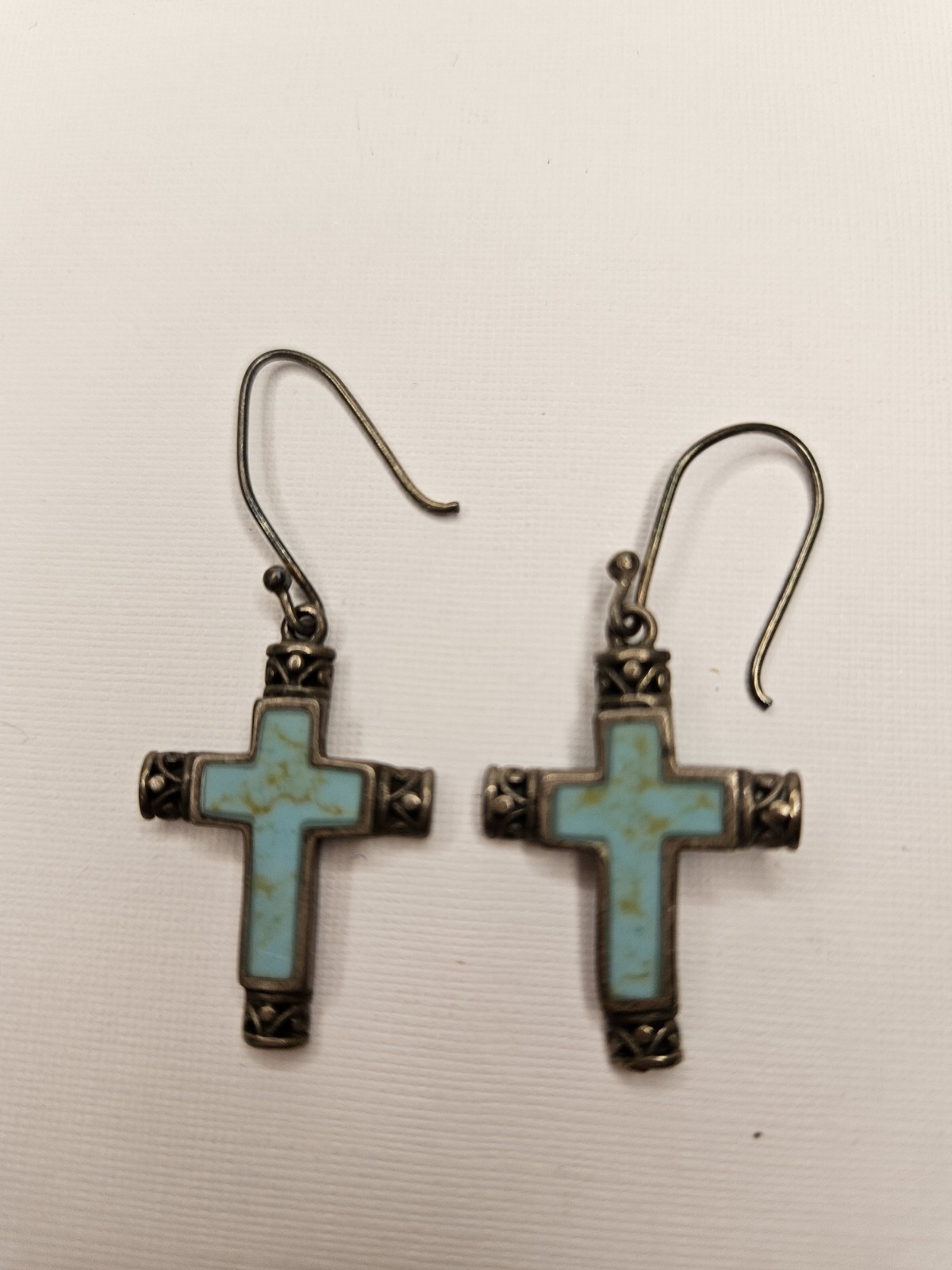 Silver Tone Blue Stone Cross Dangle Drop Hook Earrings Religious Theme