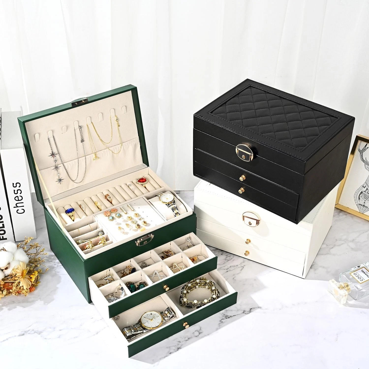 3 Layer Jewelry Box Organizer.Large Capacity Ring Earring Necklace Storage Case
