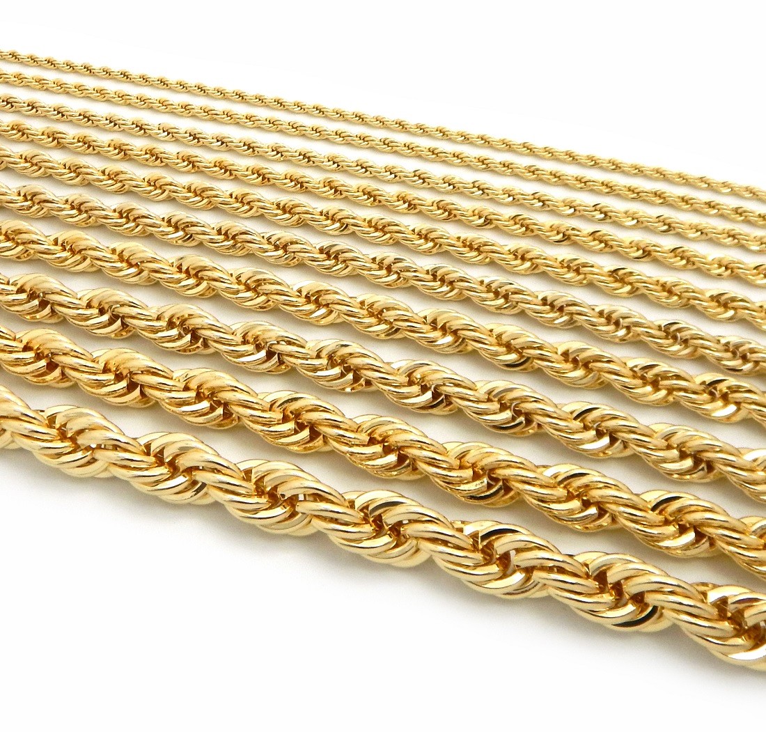 Gold Rope Chain Necklace 2.5mm to 10mm Width 18″ 20″ 22″ 24″ 26″ 30″ 14k Plated