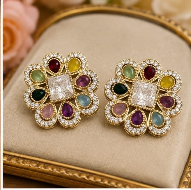 Classy Gold Plated Multicolor Floral Stud Crystal Earrings Gift For Her