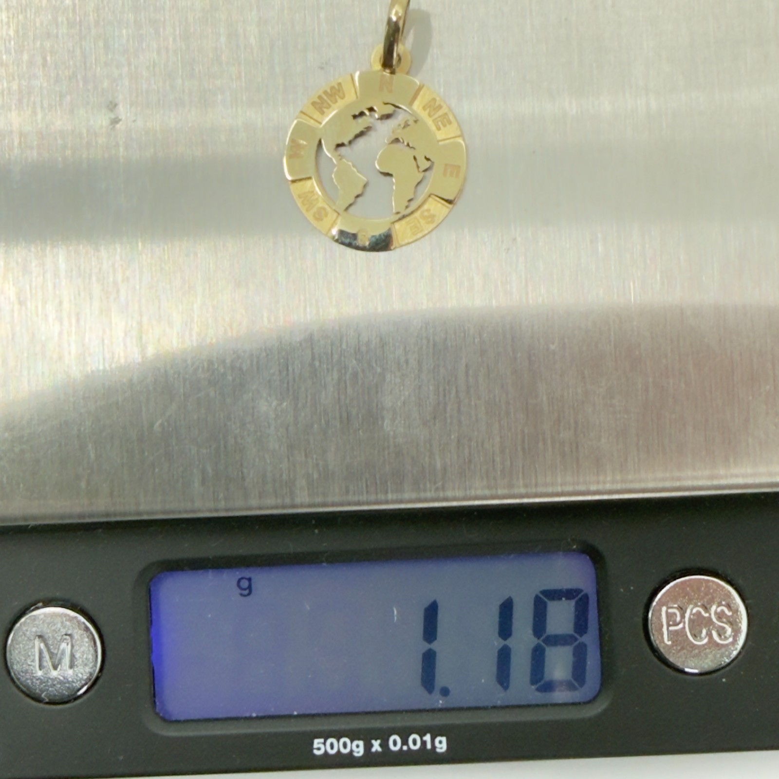 14K Solid Yellow Gold World Map Globe Compass Pendant Travel Charm Unisex