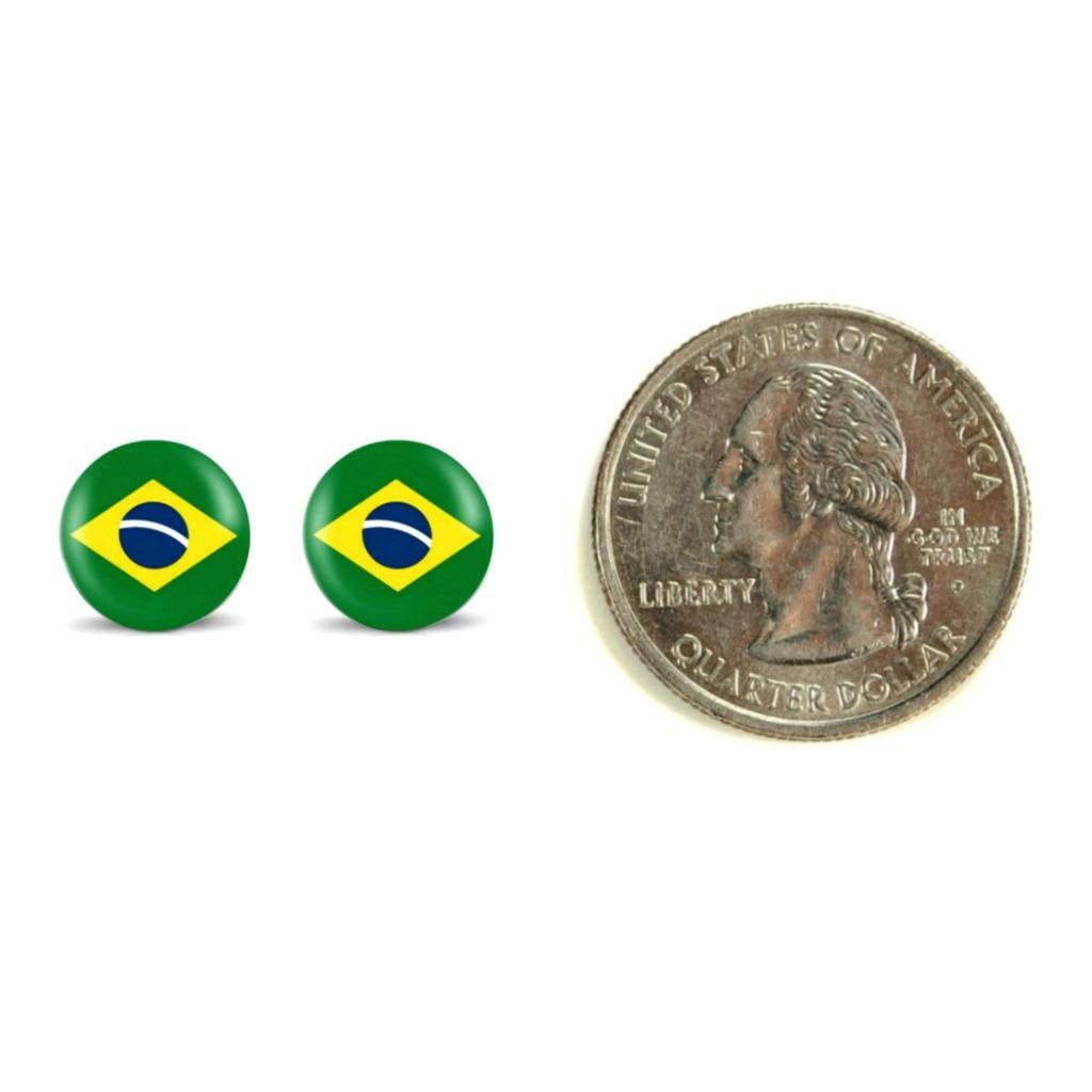 BRAZIL FLAG EARRINGS 10mm Stainless Steel Round Stud Post Tiny Brazilian Pride