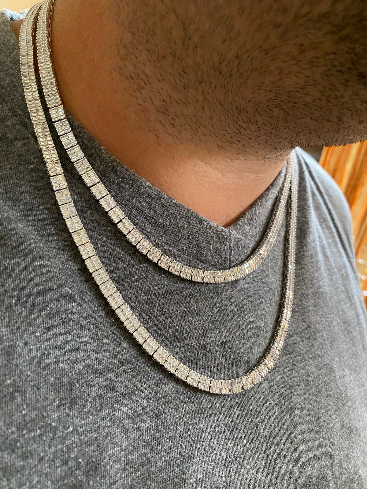 SOLID 925 Sterling Silver Baguette Tennis Chain ICED CZ Necklace 5mm Hip Hop
