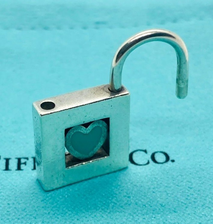 Tiffany & Co Blue Heart Padlock Charm Sterling Silver Pendant 925