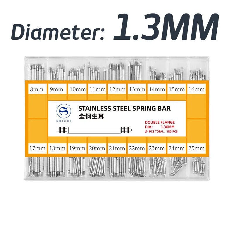 8mm to 25mm Set of 180PCS Full Steel Watch Strap Spring Bars D1.3mm 1.8mm 1.5mm
