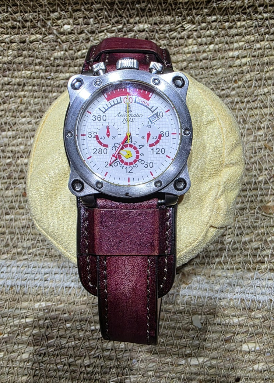 Aeromatic 1912 Men’s Quartz Analog Watch Date White/Red Dial Brown Leather