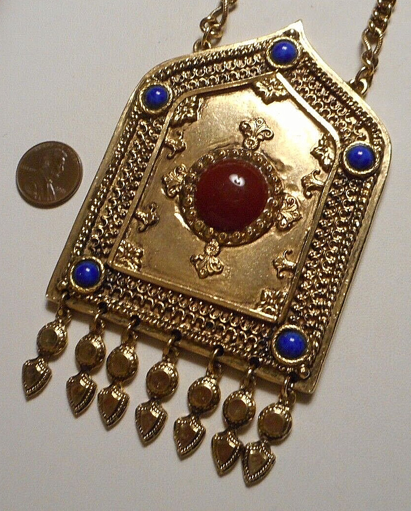 Accessocraft NYC Large Ethnic Cabochon Jeweled Pendant Necklace w Side Chains