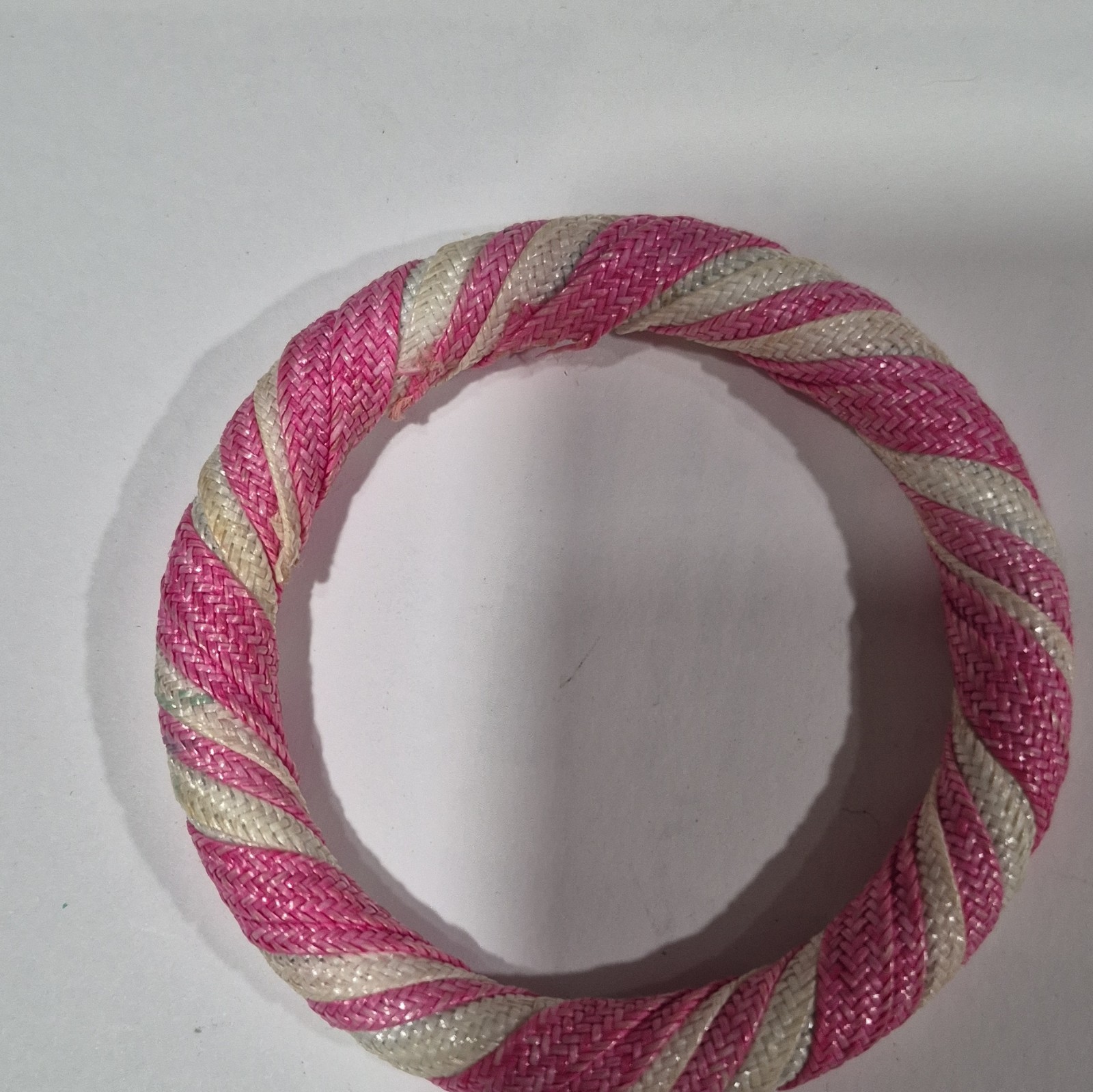 Pink & White Fabric Wrapped Bangle Bracelet, Round, No Stone, No Closure