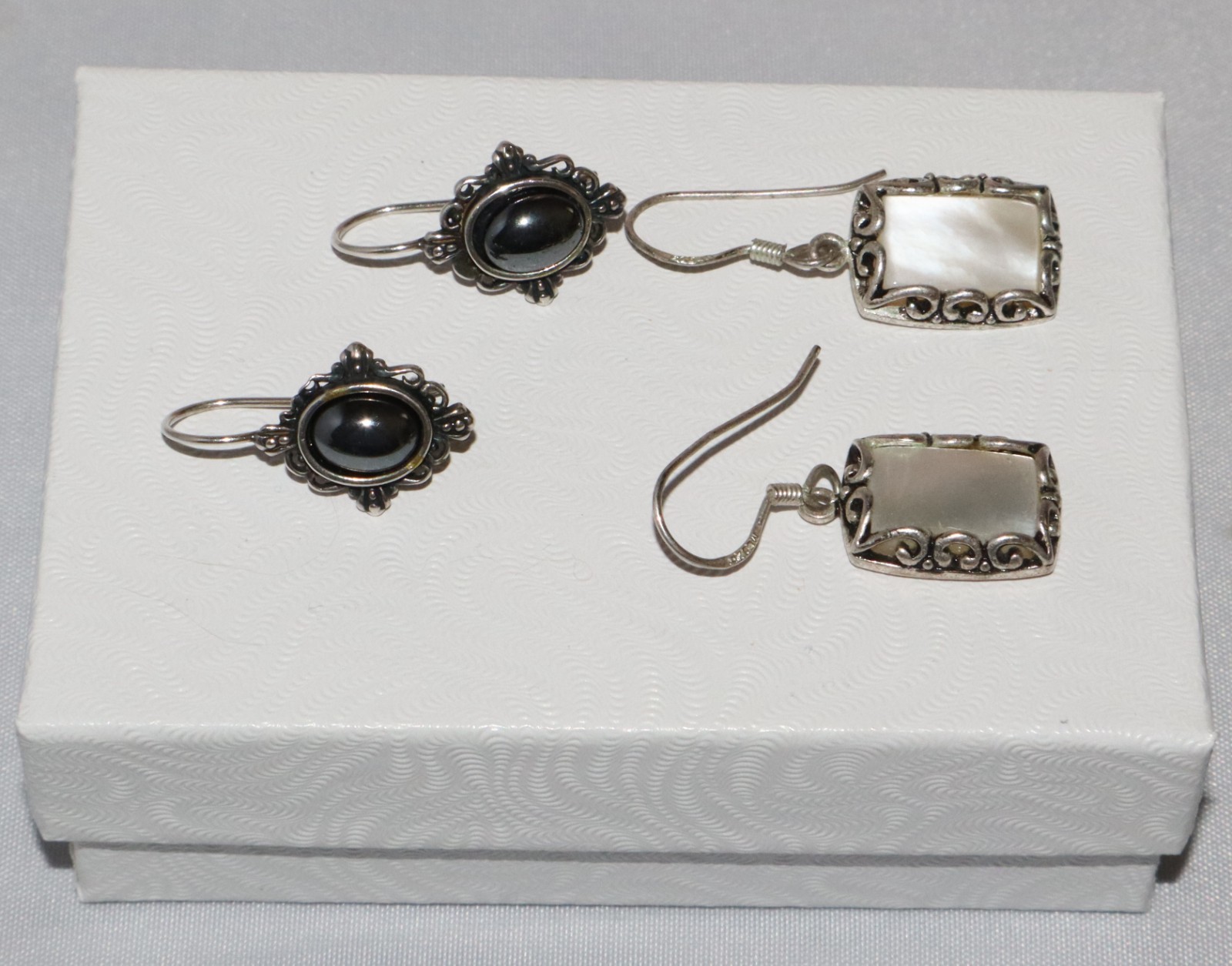 2 Pairs of Vintage Sterling Silver Earrings 1 MOP Rectangle, 1 pair Hematite
