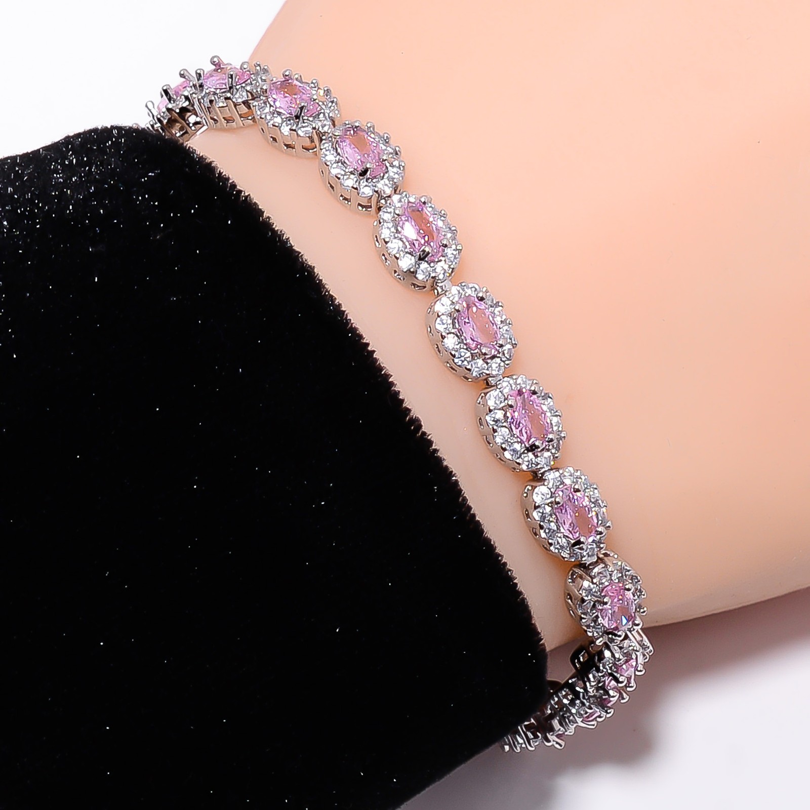 Pink Sapphire -Simulated, CZ 925 Sterling Silver Adjustable Bracelet 7-8″ B9922