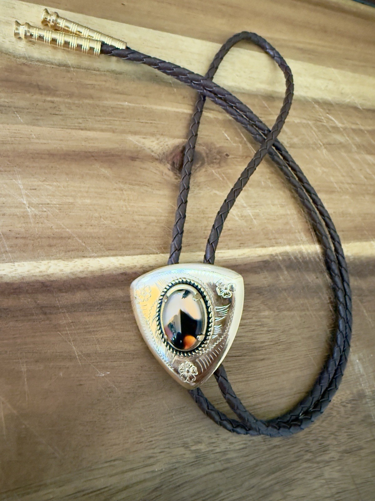 Vintage Southwestern Picture Jasper Bolo Tie Etched Gold Tone Triangle Western