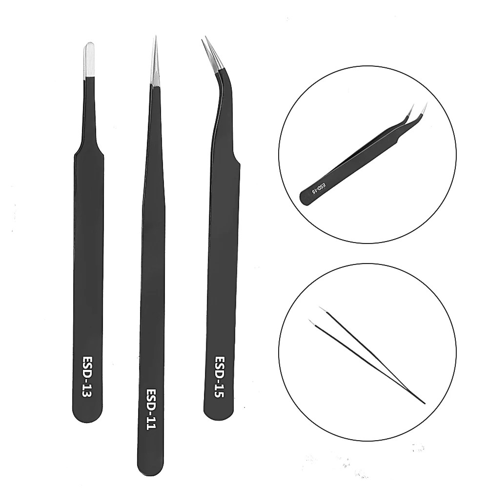 6 x ESD Precision Anti static Tweezers Set Stainless Steel Tool for Electronics