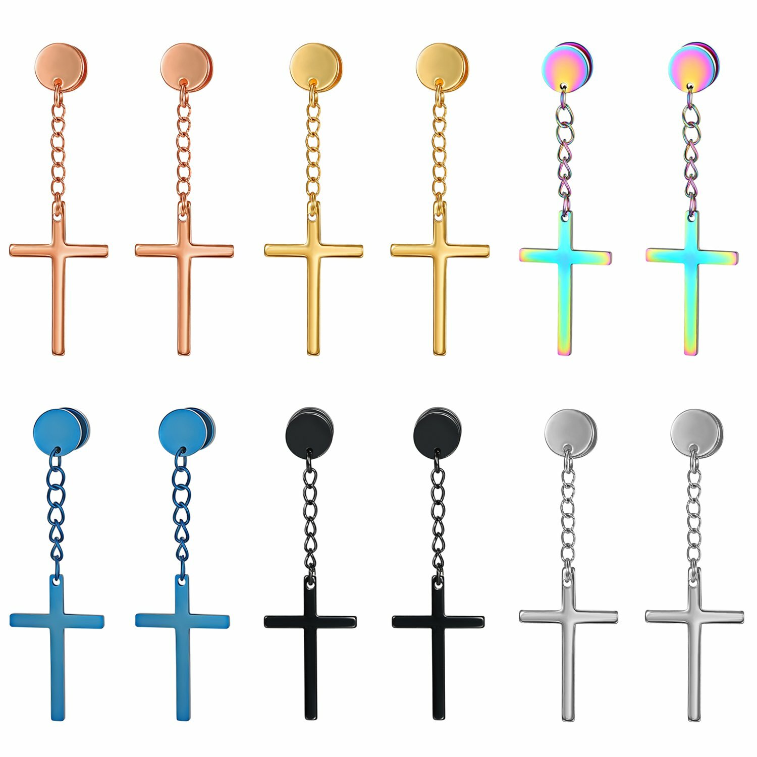 2pcs Men Women Stainless Steel Cross Drop Dangle Chain Screw Back Studs Earrings