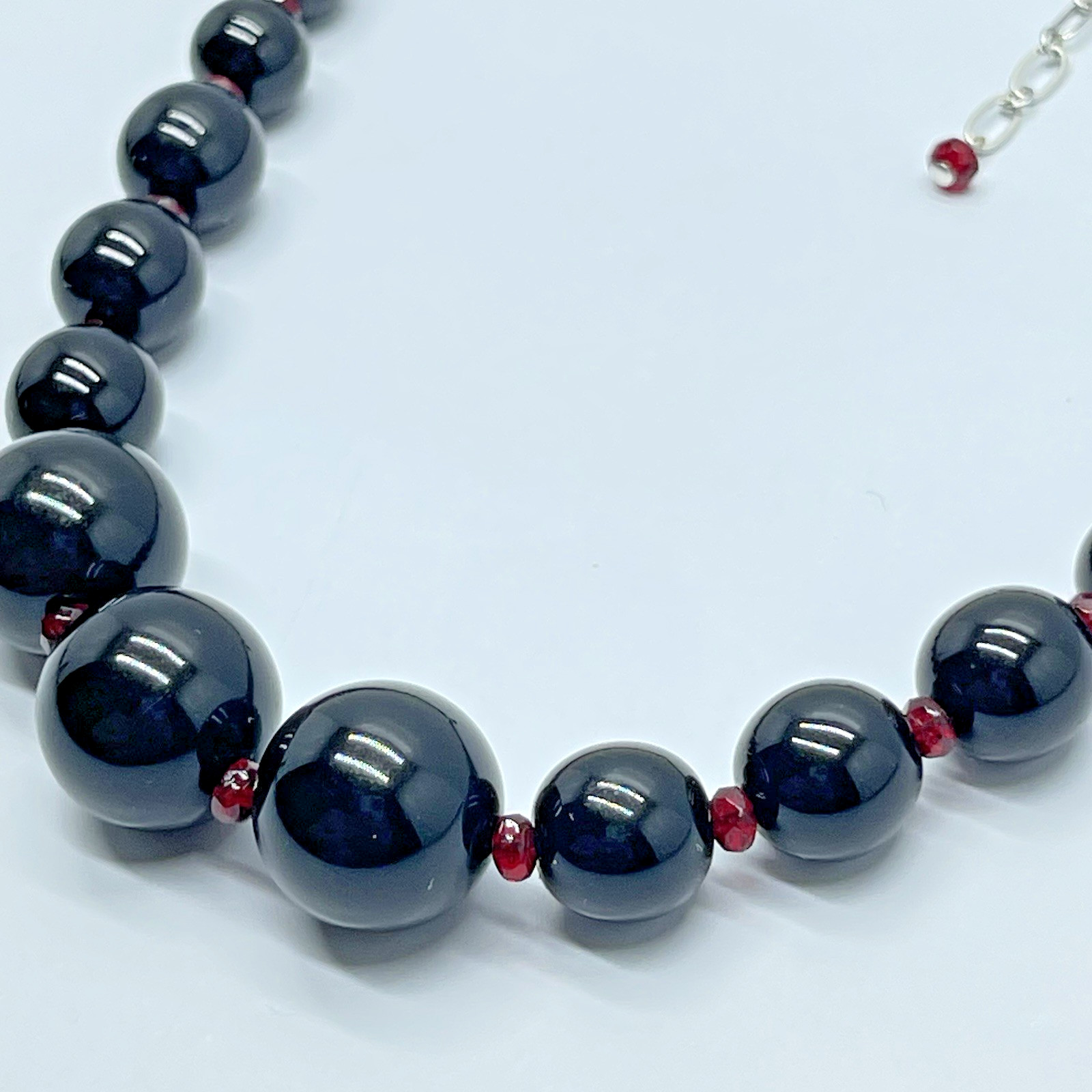Gothic Black Beaded Necklace Graduated Bead Ruby Red Crystal Spacer Silver Tone