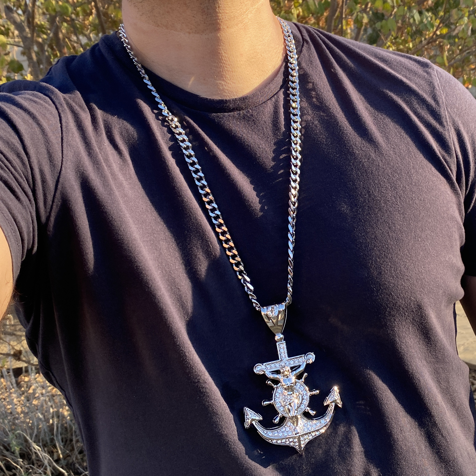 Mens Huge Large Mariners Cross Jesus Anchor Cuban Hip Hop Chain Silver Tone 30″