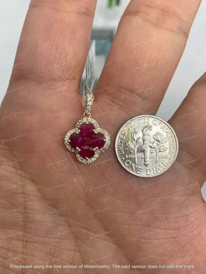 2Ct Oval Cut Lab-Created Red Ruby Clover Shape Pendant 14k Yellow Gold Finish