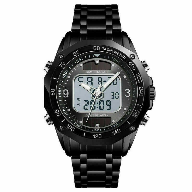 MENS SOLAR POWERED WATERPROOF WATCH Digital Sport Analog Stainless Steel Watches