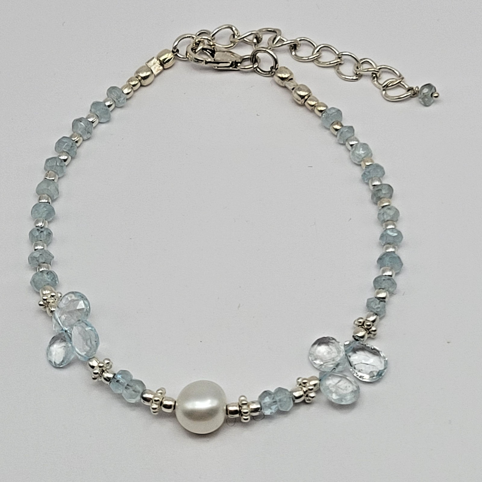 Sterling Silver 7.5mm Pearl Briolette Aquamarine Bracelet or Anklet ~ 9.5″