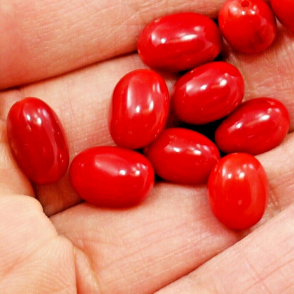 10pcs Red Sea Bamboo Coral Oval Half Drilled Bead Earring Ring Jewelry Finding
