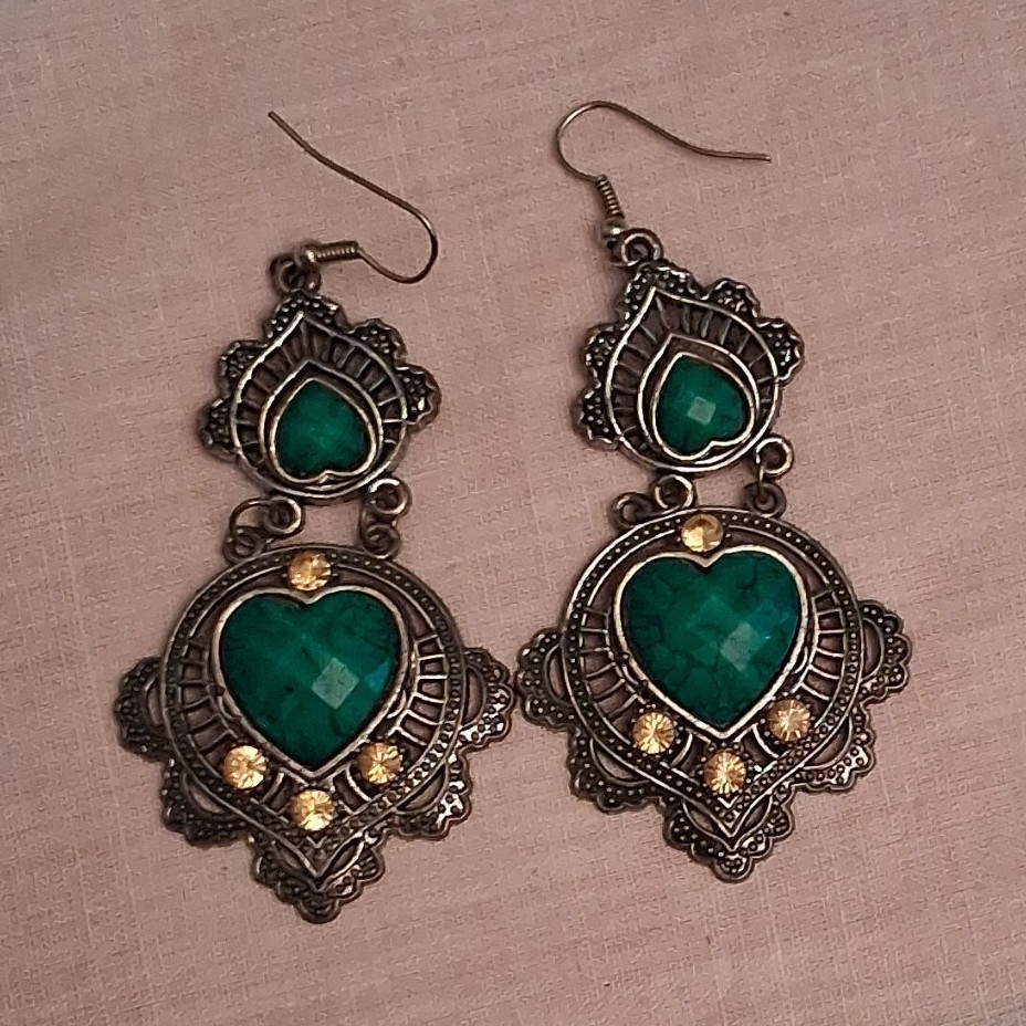 Green Heart Dangle/Drop Earrings, Hook Closure, Bohemian Theme