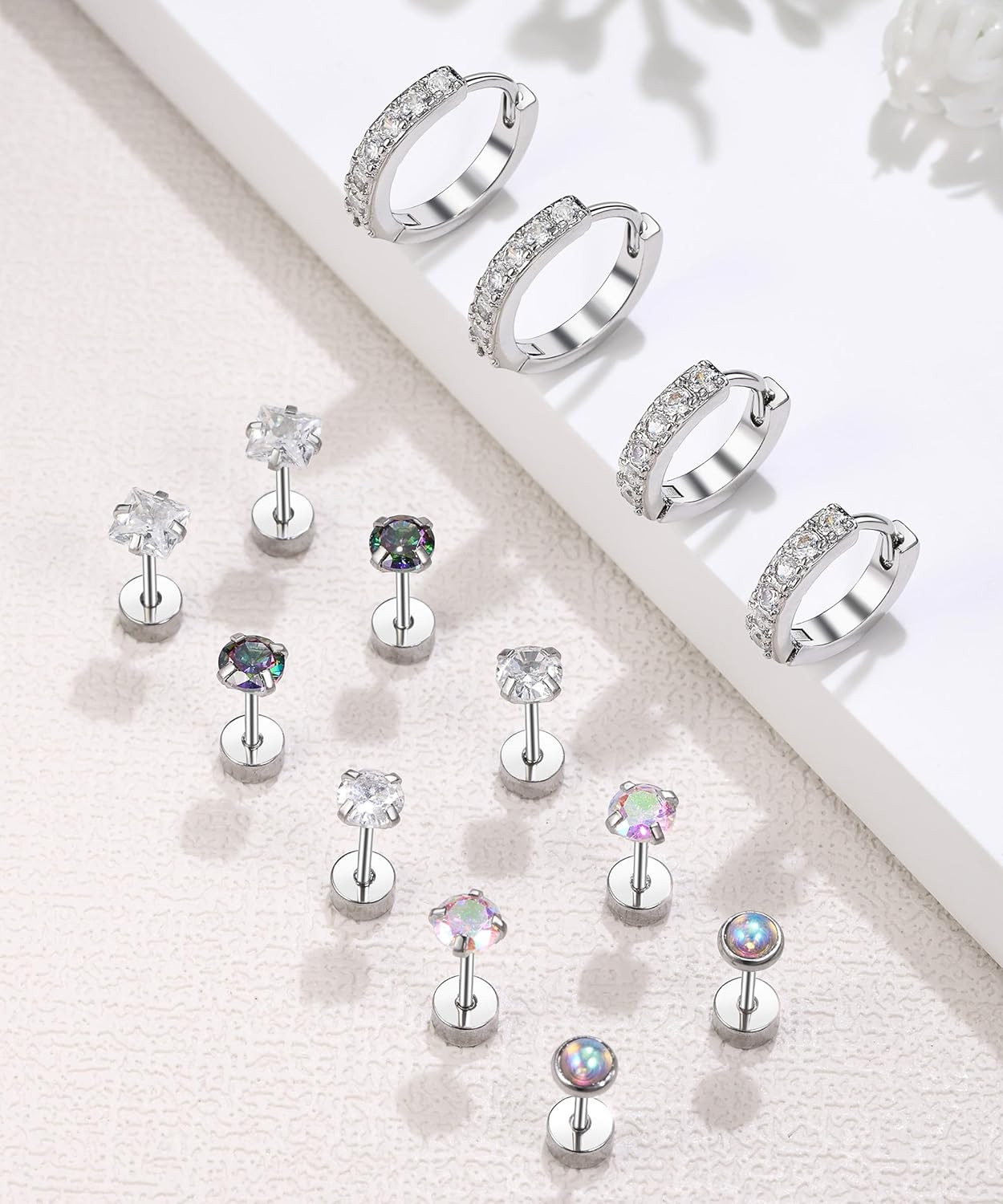 Flat Back Stud Cartilage Earrings Set for Sensitive Ears, Silver, Multiple Pierc