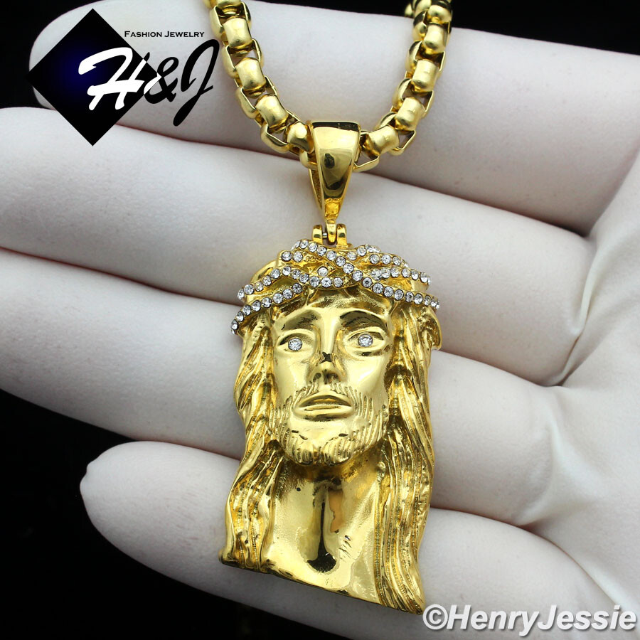 18-40″MEN Stainless Steel 4mm Gold Plated Box Chain CZ Jesus Face Pendant*GP133