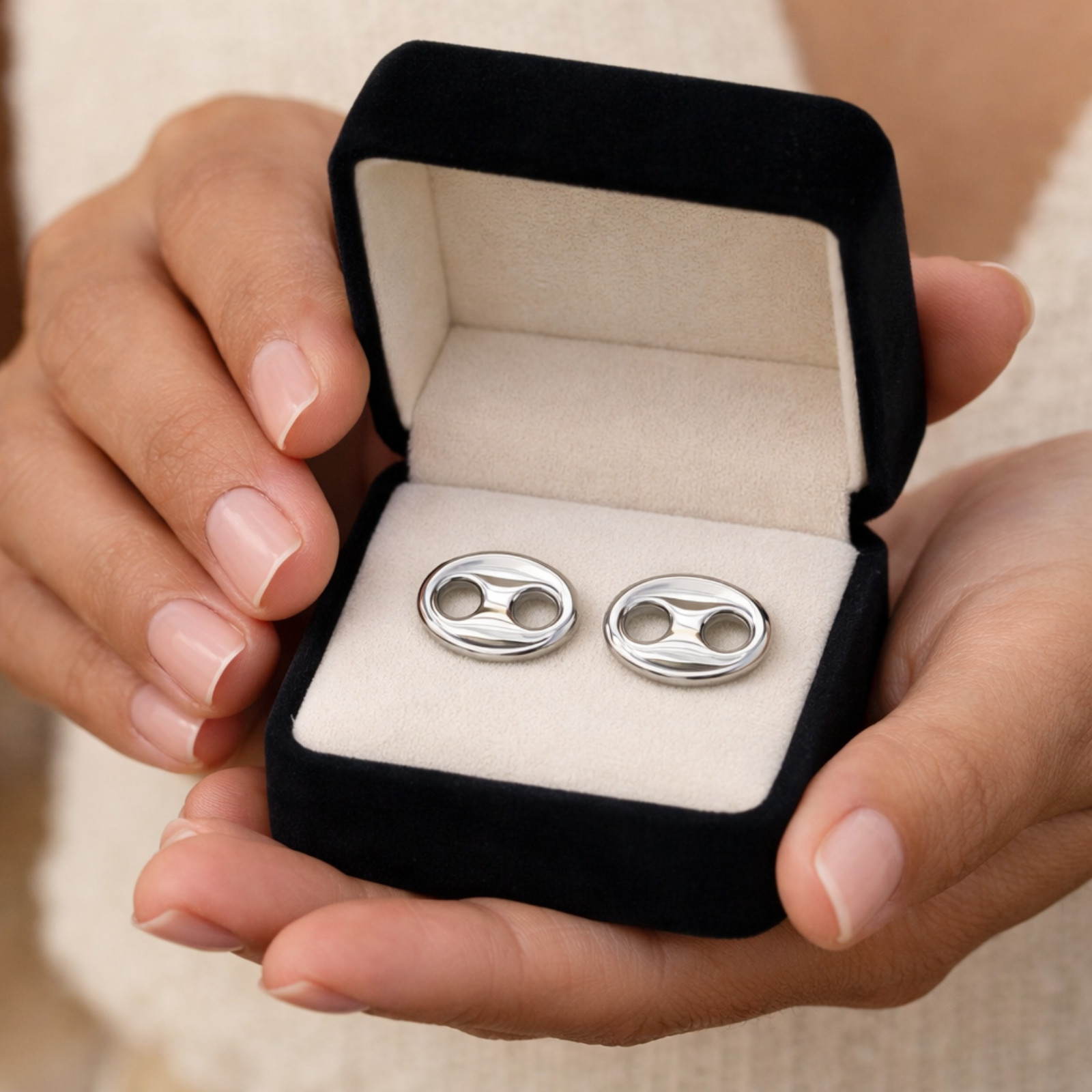 925 Sterling Silver Puffed Mariner Stud Earrings Link Women Earring