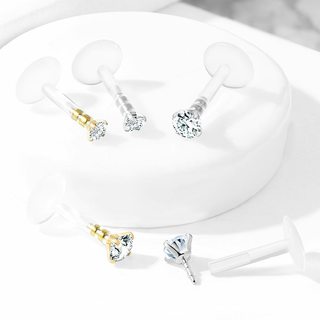 Pair Prong Set Round CZ Bio Flex Push In Ear Cartilage Helix Labret Tragus 16G